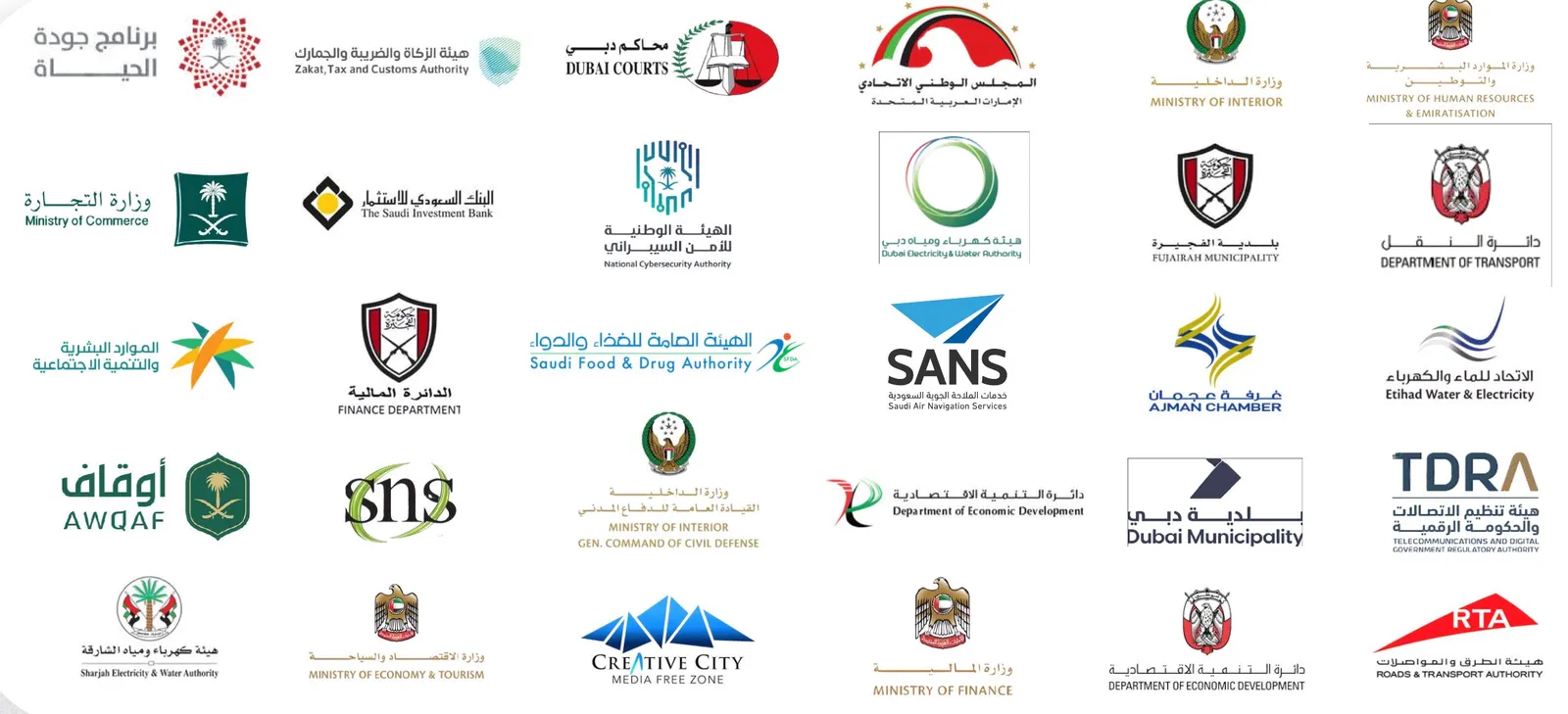 شعارات الجهات التي عملت معها أداء في الإمارات والسعودية، منها محاكم دبي ووزارة الداخلية وهيئة الطرق والمواصلات